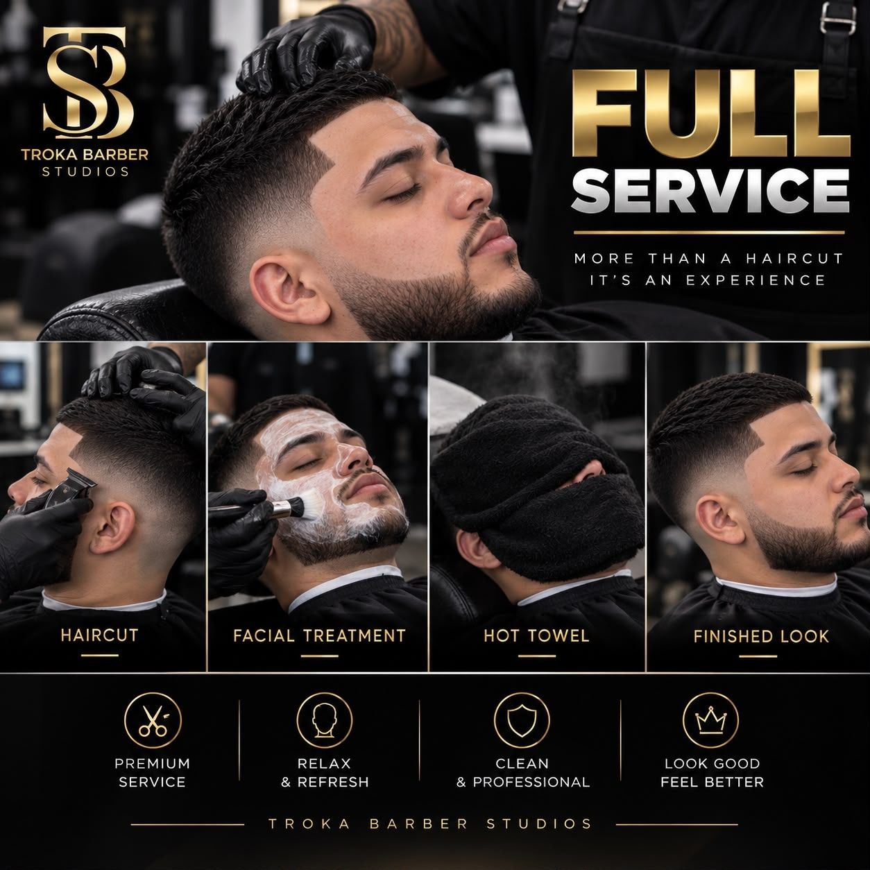 Póster de Servicio completo en Troka Barber Studios (Full service), con las etapas del servicio