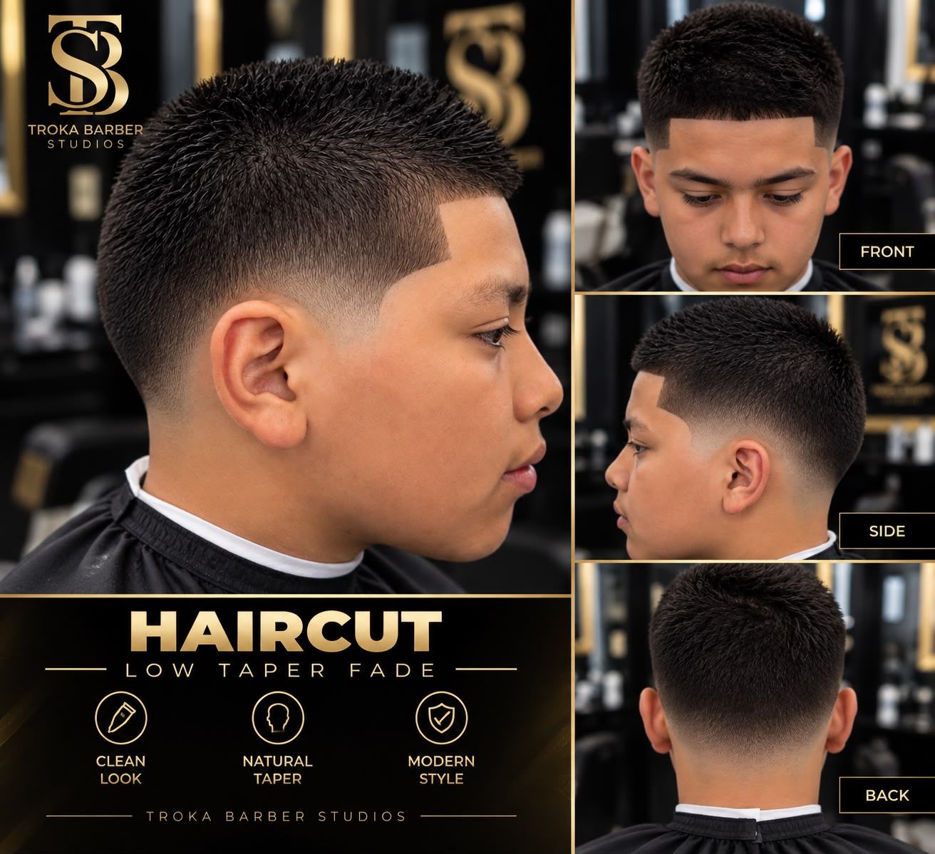 Póster de Taper Fade o Skin Fade en Troka Barber Studios (Haircut low taper fade): foto principal y vistas de frente, de lado y de atrás