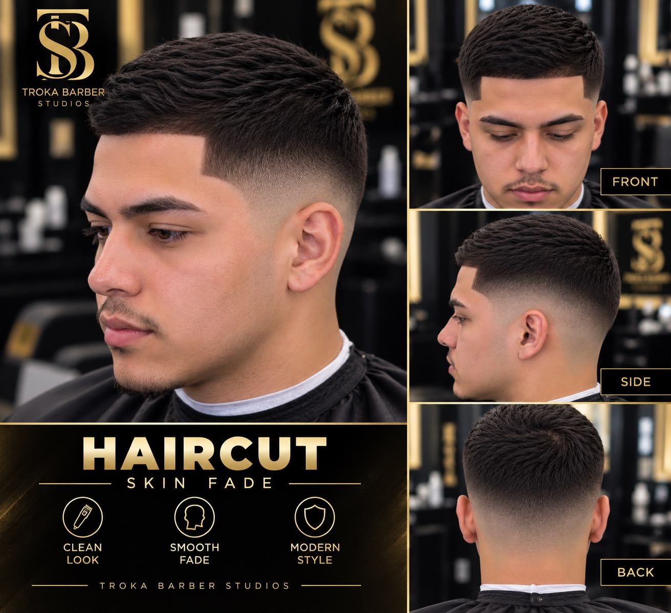 Póster de Taper Fade o Skin Fade en Troka Barber Studios (Haircut skin fade): foto principal y vistas de frente, de lado y de atrás