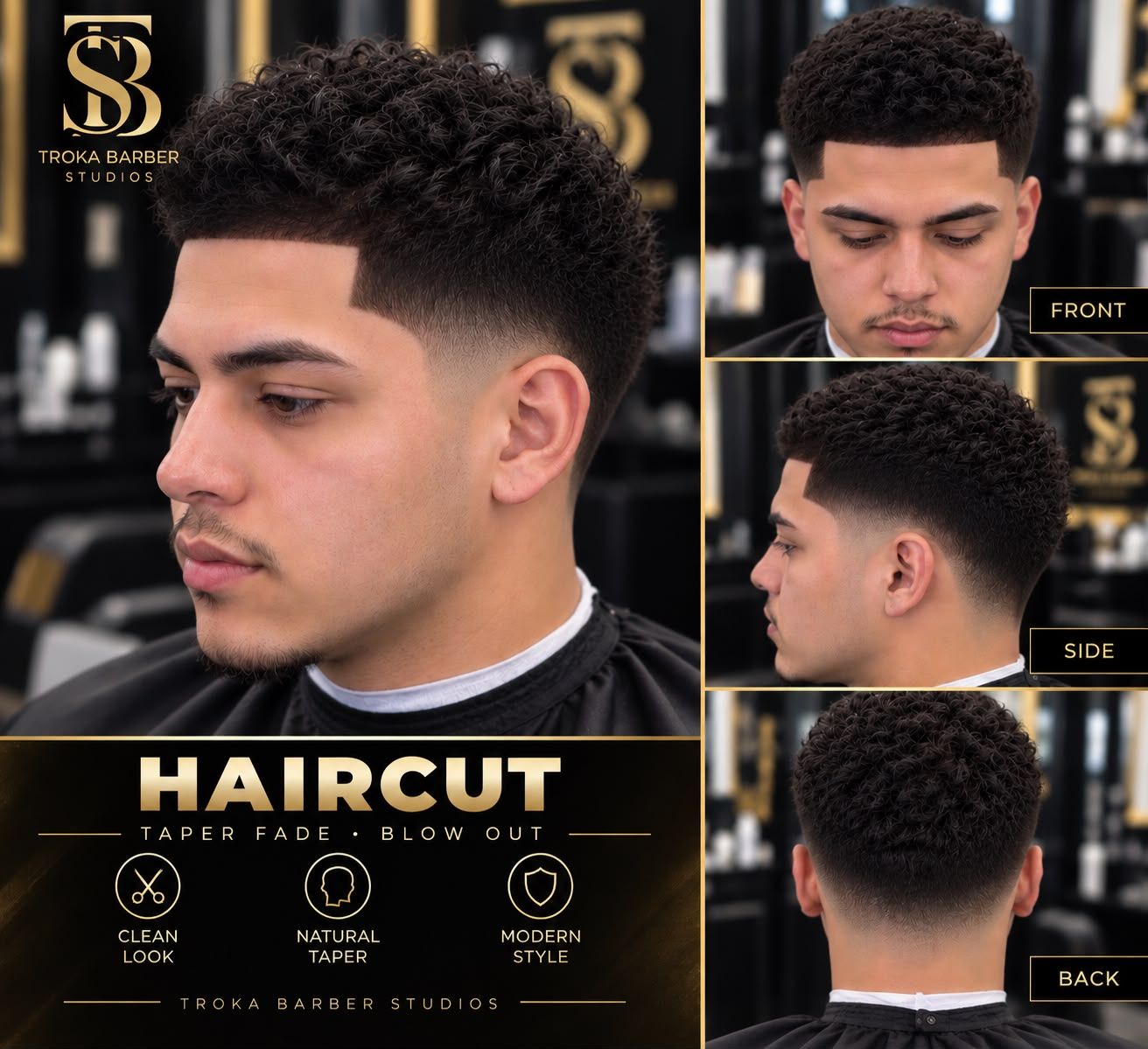 Póster de Taper Fade o Skin Fade en Troka Barber Studios (Haircut taper fade blow out): foto principal y vistas de frente, de lado y de atrás