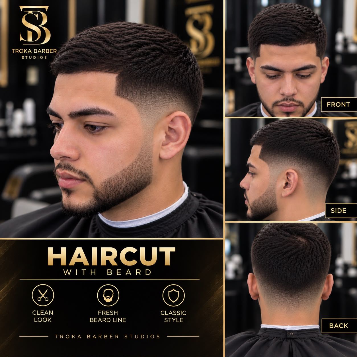 Póster de Skin fade y barba con toalla caliente en Troka Barber Studios (Haircut with beard): foto principal y vistas de frente, de lado y de atrás