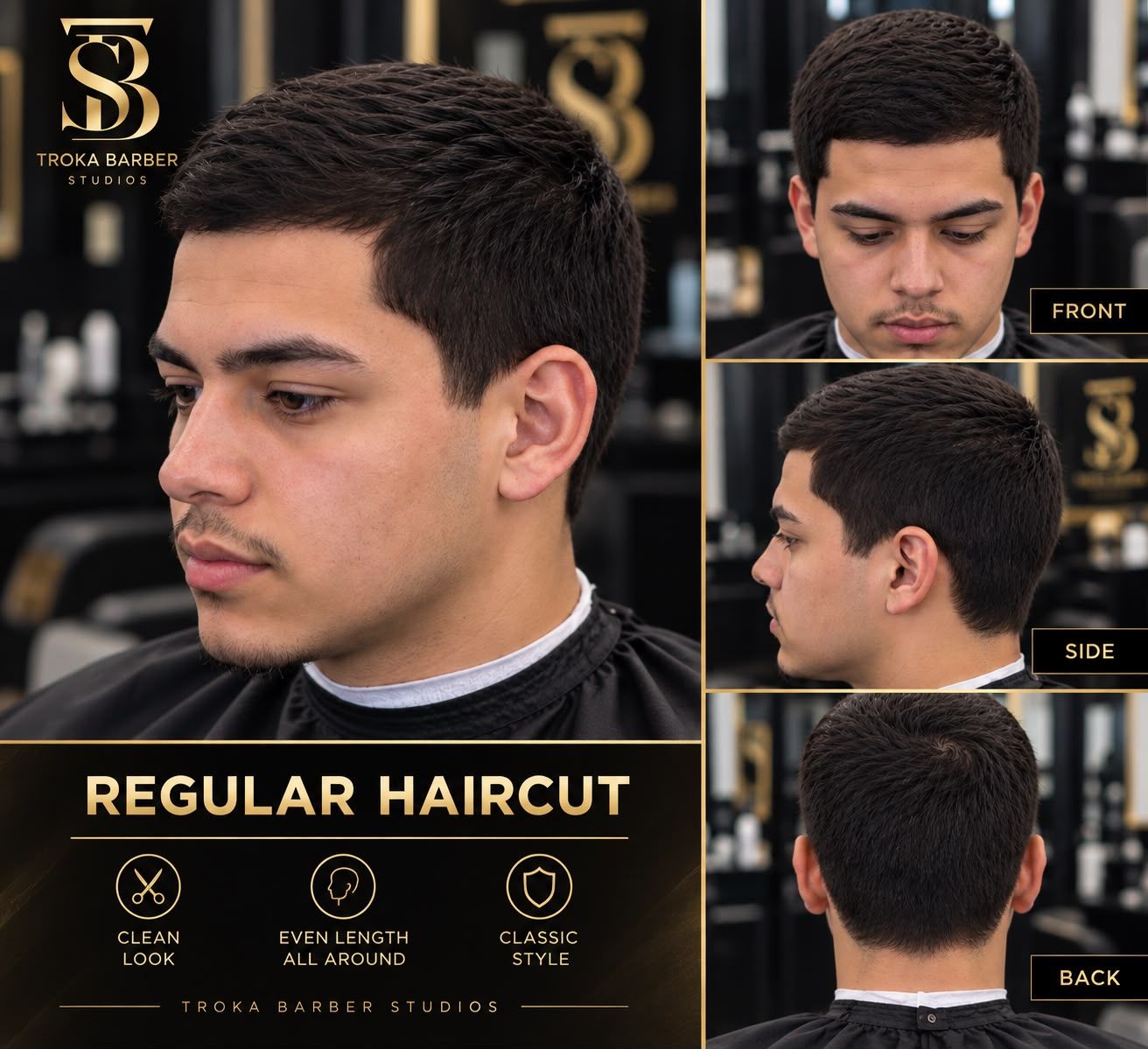 Póster de Corte regular en Troka Barber Studios (Regular haircut): foto principal y vistas de frente, de lado y de atrás